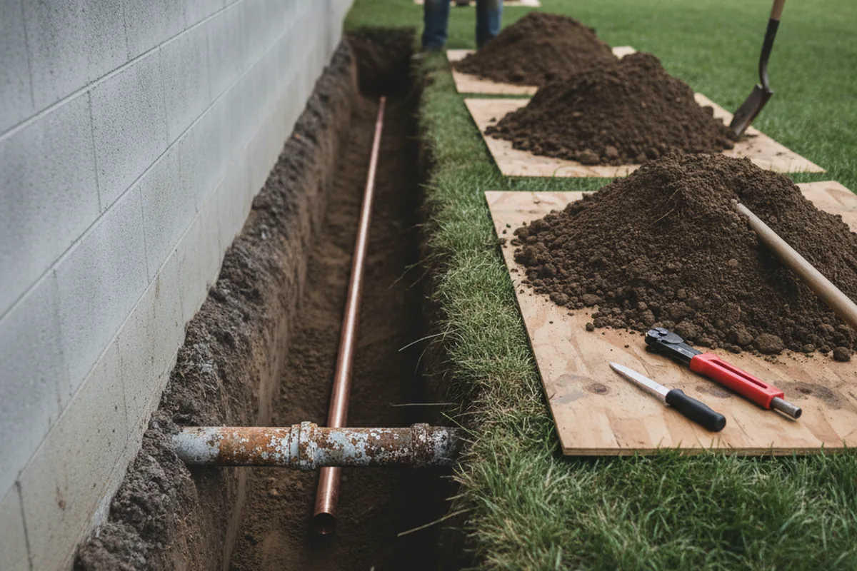 Excavated water line trench during Water Heater Repair in Kennard